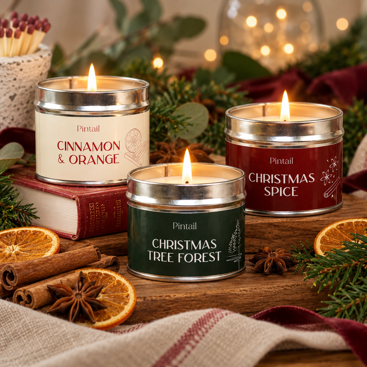 Cinnamon & Orange, Christmas Spice and Christmas Tree Forest Classic Tin candles lit on a wooden table