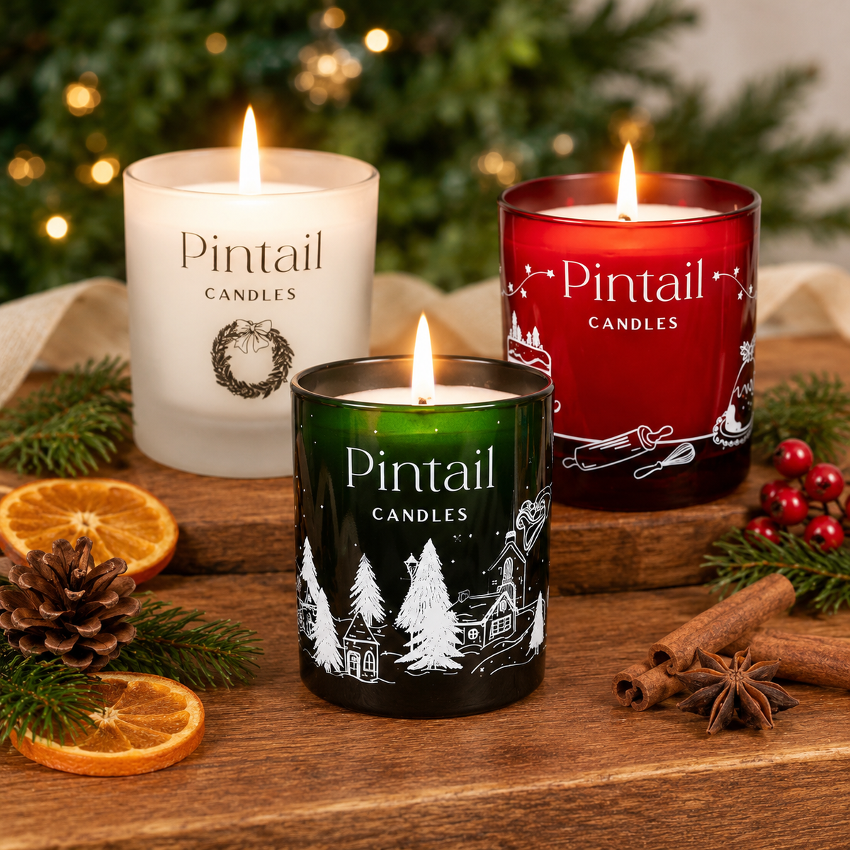 Cinnamon & Orange, Christmas Spice and Christmas Tree Forest glass candles lit on a wooden table