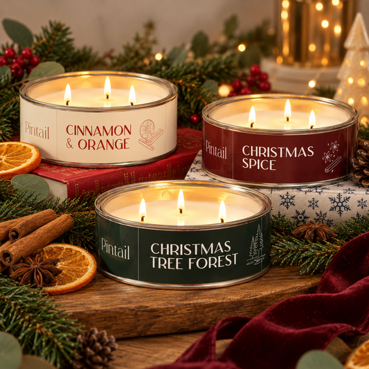 Cinnamon & Orange, Christmas Spice and Christmas Tree Forest grand triple wick candles lit on a wooden table